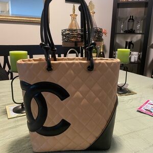 CHANEL Calfskin Quilted Medium Cambon Tote Beige Black